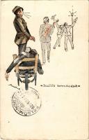 1921 Selmecbánya, Schemnitz, Banská Stiavnica; Szállító berendezések. A Selmeci Diákéletből IX. Studentika. Röttig-Romwalter nyomda rt. Sopron / Studentica art postcard s: Bartha L. (EK)