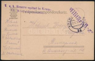 1918 Tábori posta levelezőlap "K.u.k. Reservespital in Krems" + "Militärpflege" + "KREMS ... 34"