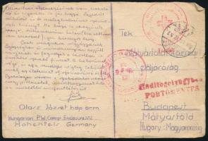 1945 Magánkészítésű hadifogoly levelezőlap Hohenfels amerikai fogolytáborból, vöröskeresztes bélyegzésekkel Budapestre