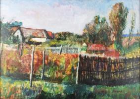 Monos József (1932-2013): Falu a Börzsönyben. Olaj, farost, jelzett. Hátoldalán Galéria Tabán címkéj...