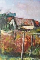 Monos József (1932-2013): Falu a Börzsönyben. Olaj, farost, jelzett. Hátoldalán Galéria Tabán címkéj...