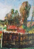 Monos József (1932-2013): Falu a Börzsönyben. Olaj, farost, jelzett. Hátoldalán Galéria Tabán címkéj...