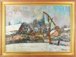 Monos József (1932-2013): Téli tanya (alakkal). Olaj, farost, jelzett. Hátoldalán Galéria Tabán címkéjén feliratozott. Dekoratív fakeretben. 50×70 cm