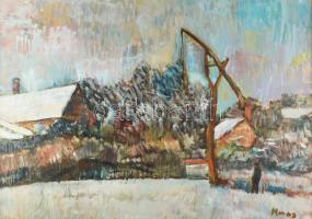 Monos József (1932-2013): Téli tanya (alakkal). Olaj, farost, jelzett. Hátoldalán Galéria Tabán címk...