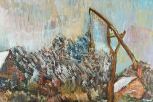 Monos József (1932-2013): Téli tanya (alakkal). Olaj, farost, jelzett. Hátoldalán Galéria Tabán címk...