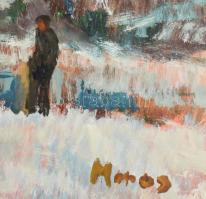 Monos József (1932-2013): Téli tanya (alakkal). Olaj, farost, jelzett. Hátoldalán Galéria Tabán címk...