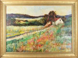 Monos József (1932-2013): Ház a domboldalon. Olaj, farost, jelzett. Hátoldalán Galéria Tabán címkéjén feliratozott. Dekoratív fakeretben. 50×70 cm