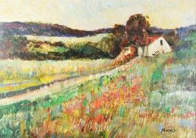 Monos József (1932-2013): Ház a domboldalon. Olaj, farost, jelzett. Hátoldalán Galéria Tabán címkéjé...