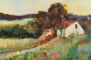 Monos József (1932-2013): Ház a domboldalon. Olaj, farost, jelzett. Hátoldalán Galéria Tabán címkéjé...