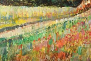 Monos József (1932-2013): Ház a domboldalon. Olaj, farost, jelzett. Hátoldalán Galéria Tabán címkéjé...