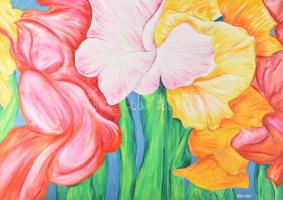 Orvos András (1939-): Kardvirágok. Olaj, vászon, jelzett. Hátoldalán Galéria Tabán címkéjén felirato...