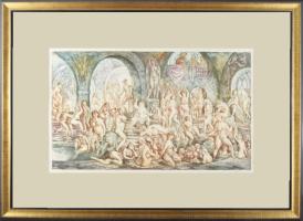 Szabó Vladimir (1905-1991): Fürdőző aktok. Színezett rézkarc, papír, utólagos (?) jelzéssel, üvegezett fakeretben. Hátoldalán Galéria Tabán címkéjén feliratozott. 28x49 cm