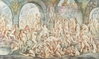 Szabó Vladimir (1905-1991): Fürdőző aktok. Színezett rézkarc, papír, utólagos (?) jelzéssel, üvegeze...