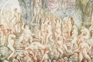 Szabó Vladimir (1905-1991): Fürdőző aktok. Színezett rézkarc, papír, utólagos (?) jelzéssel, üvegeze...