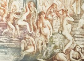 Szabó Vladimir (1905-1991): Fürdőző aktok. Színezett rézkarc, papír, utólagos (?) jelzéssel, üvegeze...