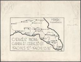 1940 Cserkész propaganda és szervező út Erdélyben, kézi tus rajzolású útvonal a Magyar Cserkész Szerkesztősége levélpapírján későbbi nyomtatásra, jó állapotban, 23×29 cm