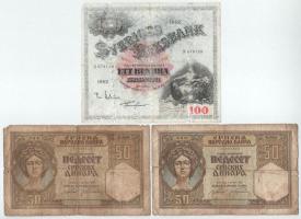 Szerbia 1941. Német megszállás 50D (2x) gyenge tartásban + Svédország 1962. 100K gyenge tartásban T:G Serbia 1941. German Occupation 50 Dinara (2x) in bad condition + Sweden 1962. 100 Kronor in bad condition C:G