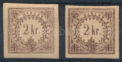 1868 2 db Hírlapilleték bélyeg 2kr eltérő színárnyalatban (ráncok, törések) / colour variety (creases, folds)