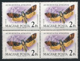 1959 Lepke I. 2Ft négyestömb, a 4. bélyegen két fekete pont az "ATROPOS" szó alatt