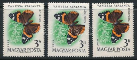 1959 Lepke I. 3Ft 3 db bélyeg klf színeltolódással + az utolsó elfogazva