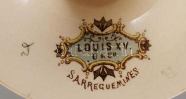 Sarreguemines "Louis XV" talpas kínáló, jelzett, sérült, ragasztott, d: 23 cm, m: 13,5 cm
