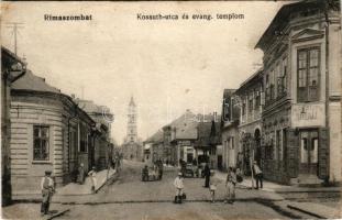 Rimaszombat, Rimavská Sobota; Kossuth utca és Evangélikus templom, Kossuth kávéház, üzletek. Lévai Izsó kiadása / street view, Lutheran church, café, shops (r)