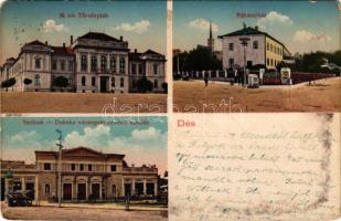 1915 Dés, Dej; M. kir. Törvényszék, Rákóczi ház, Szolnok-Doboka vármegyei nemzeti színház, piac. Gálócsi Samu kiadása / court, Rákóczi mansion, Solnoc-Dabaca county theatre, market (kopott sarkak / worn corners)