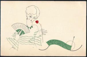 1933 Dekoratív art deco stílusú kihajtható meghívó (szign. Antal) a Zuglói Iparosok és Kereskedők Egyesülete tagavató kerti ünnepélyére a hozzácsatolt tiszteletjeggyel, szép állapotban