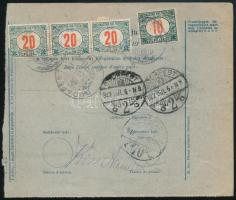 1922 Utánvétes csomagszállító 3 bélyeggel és a hátoldalon 5 db portóval (2 bélyeg sérült / COD parce...