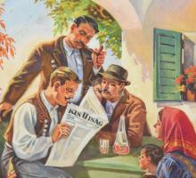 1935 Pál György (1906-1986): Kis Ujság nagy képes naptára 1936, plakátterv, tempera, papír, jelzett,...