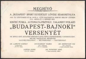 1935 A "Budapest" Sportegyesület meghívója a "Vitéz Nagybányai Horthy Miklós" lőtéren megrendezendő Budapest-bajnoki lövészversenyére, részletekkel, postán elküldve, jó állapotban, 8p