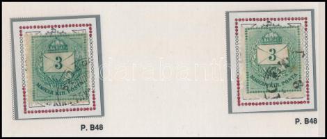 1874 2 db 3kr durva gyöngyjavítással, ritka, ívhelyre azonosítva (ex Orbán, Sebestyén aranyérmes kiállítási anyagból)