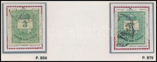 1874 2 db 3kr durva gyöngyjavítással, ritka, ívhelyre azonosítva (ex Orbán, Sebestyén aranyérmes kiállítási anyagból)