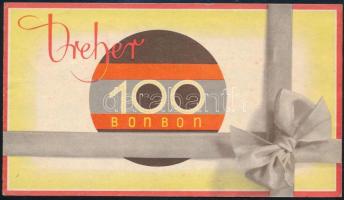 1935 A Dreher Csokoládégyár 100 bonbon art deco stílusú dekoratív reklámkiadványa, kihajtható, a 100 bonbon képével, postán elküldve, szép állapotban