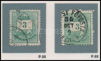 1881 2 db 3kr klf vésésjavításokkal, karcokkal, hidegtűnyomokkal (ex Orbán, Sebestyén aranyérmes kiállítási anyagból)