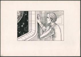 Zsigovics Iván (1958- ): Sci-fi illusztráció, Galaktika folyóirat, Roger Zelazny művéhez. Tus, papír, jelzés nélkül, hátoldalán névvel feliratozott ("Zsigovics Iván" és "Zelazny"), valamint Galaktika bélyegzővel, 11,5x18 cm