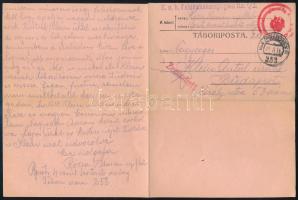 1916 Kihajtható tábori postai lap katonai pecsétekkel, amelyben egy harcoló népfelkelő kér anyagi segítséget nyomorgó családjának, jó állapotban