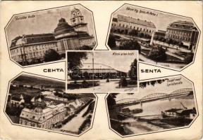 Zenta, Senta; Varoska kuca, Glavni trg, Spom. Kr. Petra I., Izgled sa gavozd mostom, Gvozd most i pristaniste / városháza, Fő tér, I. Péter király szobra, híd és rakpart. J. Kiralj kiadása / town hall, main square, monument of King Peter I of Serbia, bridge and quay + "1941 Zenta visszatért" So. Stpl. (lyuk / pinhole)