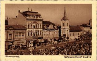 1941 Marosvásárhely, Targu Mures; Széchenyi tér, Barátok temploma, Hübner, József Emil üzlete, piac / square, market, church, shops (fa)