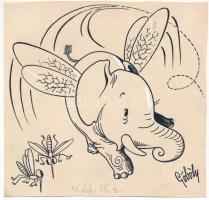 Göböly Sándor (1923-?) : Ez az a szúnyog (karikatúra). Tus, fedőfehér, papír. Jelezve jobbra lent. Hátoldalán Szabad Száj bélyegzőjével. 11,5x11,5 cm