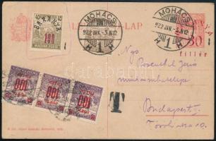 Baranya 1922 Késői felhasználású felülnyomott díjjegyes levelezőlap érvénytelen Baranya 40f és érvényes Arató 20f bélyeggel Mohácsról Budapestre, 3 db portó bélyeggel / Late-use overprinted PS-card with invalid Baranya 40f and valid Arató 20f stamps from Mohács to Budapest, with 3 postage due stamps Signed: Bodor