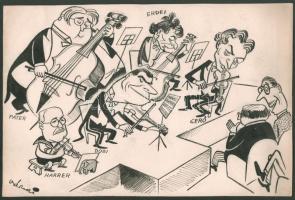 Várnai György (1921-1991): Itt a nagy zenei szenzáció (politikai karikatúra). Tus, ceruza, papír. Jelezve jobbra lent. Hátoldalán Szabad Száj bélyegzőjével. 20x30 cm