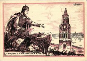 Zimony, Semlin, Zemun; Ezredéves ősi várta magyar turult visszavárja. Millenniumi emlékmű. Kiadja a Magyar Nemzeti Szövetség / Hungarian irredenta propaganda art postcard s: Márton L. (fl)