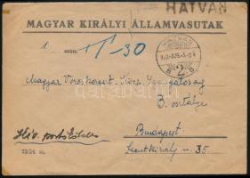 1943 Hivatalos levél 30f készpénzes portóval, "HATVAN" vasúti bélyegzéssel Budapestre / Official cover with handwritten postage due