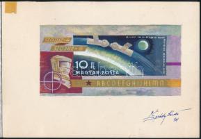 1969 Légrády Sándor Szojuz-4 - Szojuz-5 bélyegterve a tervező aláírásával. Képméret: 145 x 95 mm