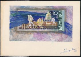 1971 Légrády Sándor Apollo-14 bélyegterve a tervező aláírásával. Képméret: 160 x 90 mm