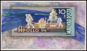 1971 Légrády Sándor Apollo-14 bélyegterve a tervező aláírásával. Képméret: 160 x 90 mm