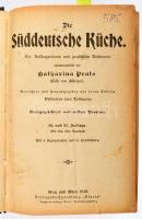 Prato, Katharina: Die süddeutsche Küche. Für Anfängerinnen und praktische Köchinnen zusammengestellt von - - . Graz-Wien, 1921, Verlagsbuchhandlung ,,Styria", VI+808 p.+ 4 (színes, litografált képtáblák) t. Német nyelven. Korabeli, aranyozott gerincű egészvászon-kötésben, foltos borítóval, helyenként kissé sérült, foltos lapokkal, egy erősebben sérült, javított lappal.