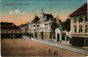 Temesvár, Timisoara; Losonczy tér, Szerb ortodox püspöki palota, Kerschek és Kubitsek, Deutsch Testvérek üzlete. Polatsek kiadása / square, Serbian Orthodox bishop's palace, shops (kopott sarkak / worn corners)