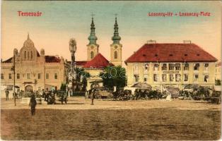 Temesvár, Timisoara; Losonczy tér, Szerb ortodox püspöki palota, Berlitz nyelviskola, piac, Szentháromság szobor, üzletek. Gerő kiadása / square, Berlitz School of Languages, market, Holy Trinity statue, Serbian Orthodox bishop's palace, shops